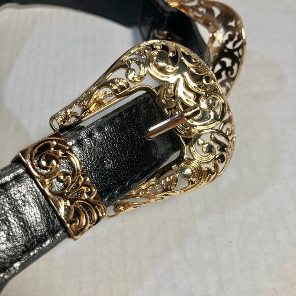 Vtg Western Stretch Faux Black Leather Gold Tone Double Buckle Womens Belt XS S - Picture 9 of 15